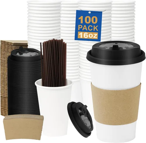 Miniatura 31 de Paquete de 100 tazas de café desechables de pared ondulada corrugada de 16 onzas con tapas y pajitas, tazas aisladas resistentes para bebidas