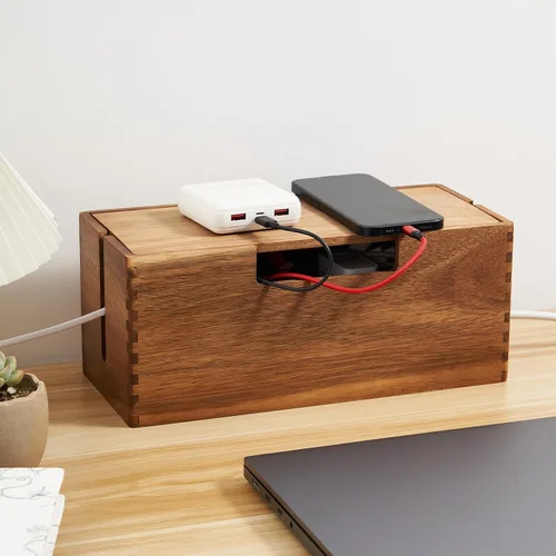 Caja de gestión de cables de madera de acacia, organizador y ocultador de cables de madera para regleta de enchufes, ocultación eléctrica, cables de