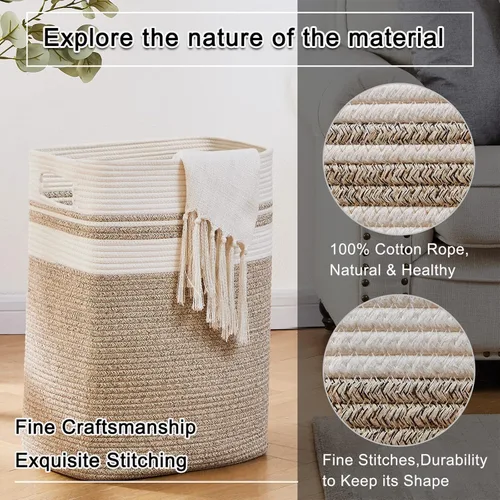 Miniatura 3 de OIAHOMY - Cesta de lavandería, cesta de almacenamiento alta de algodón con asas, cesta decorativa de mantas para sala de estar, cesta grande