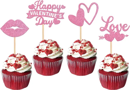Miniatura 9 de Rsstarxi Paquete de 24 adornos para cupcakes para el día de San Valentín, con purpurina roja, dulce amor, para cupcakes, decoración de San Valentín