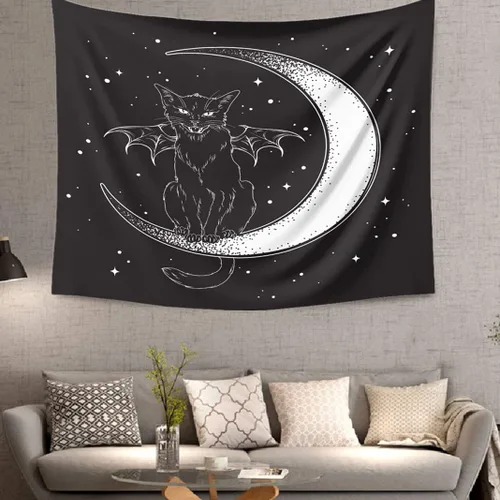 Miniatura 3 de DYRLHZ Tapiz blanco y negro con alas de gato en luna, espeluznante hippie espeluznante monstruo espeluznante tapiz para colgar en la pared
