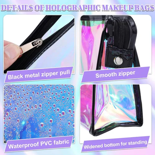Miniatura 3 de BESARME Bolsas de maquillaje holográficas a granel para mujer, bolsa de aseo portátil transparente con cremallera, Negro holográfico