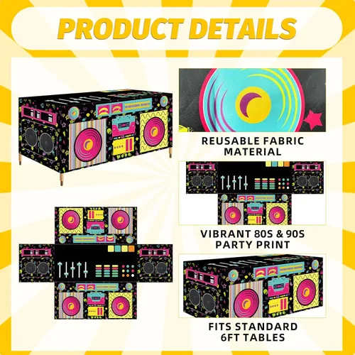 Miniatura 3 de Mantel rectangular de 6 pies de los años 80 y 90, con estampado de altavoz estéreo de radio retro, funda de mesa de tela lavable para cumpleaños