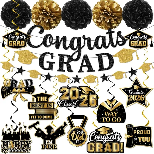 Decoraciones de graduación 2026, pancarta de felicitaciones con purpurina, espirales colgantes y pompones de tela, decoraciones de graduación negras