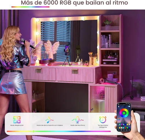 Miniatura 4 de Escritorio de maquillaje estriado de 47 pulgadas con espejo grande de 36 pulgadas y bombillas de Hollywood, luces RGB inteligentes, tocador