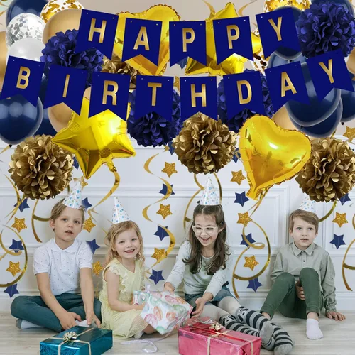 Miniatura 6 de ZERODECO Decoraciones de cumpleaños, decoraciones de fiesta azul marino y dorado con pancarta, pompones, globos para niños, niñas, hombres y mujeres