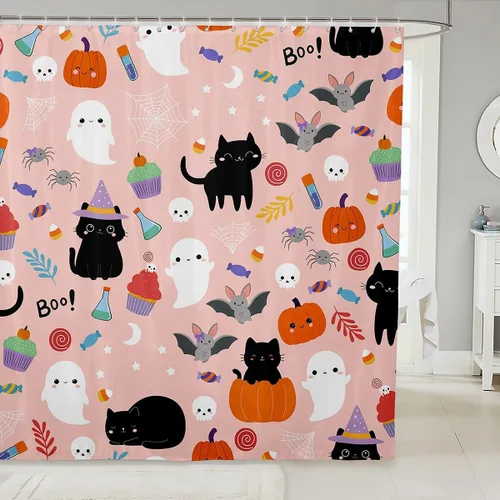 Miniatura 11 de Erosebridal Juego de cortinas de ducha góticas espeluznantes para bañeras, farol de calabaza, cortina de baño para niños, telarañas fantasmas, Multi