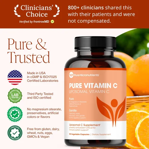Miniatura 7 de Pure Micronutrients Vitamina C liposomal pura, suplemento de 1400 mg, 90 cápsulas, píldoras de ácido ascórbico VIT C de alta absorción