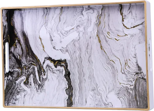 Miniatura 16 de Bandeja decorativa, bandeja de plástico de mármol con asas, bandeja rectangular de tocador y bandeja para servir para baño, cocina, otomana y mesa
