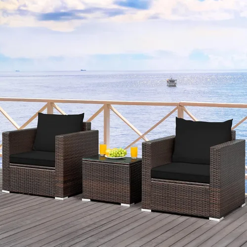 Miniatura 4 de COSTWAY Juego de muebles de patio de 3 piezas, sofá de mimbre para exteriores con cojines y mesa auxiliar con vidrio templado, juego moderno de Negro