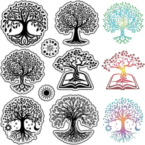 CRASPIRE Sellos transparentes de árbol de la vida, diseño de árbol de la vida, sol y fase lunar, reutilizables, sellos de silicona transparente,