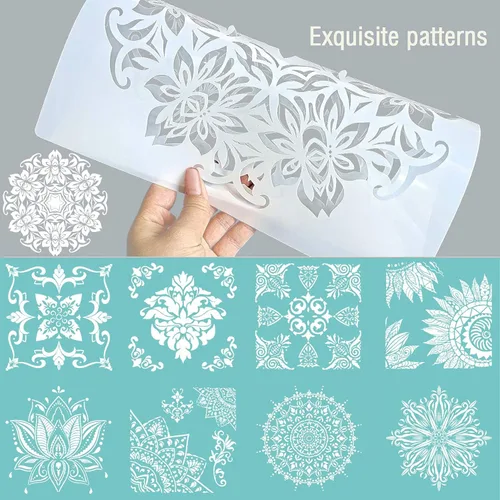 Miniatura 2 de Paquete de 9 plantillas reutilizables grandes con mandala, plantillas de pintura cortadas con láser, para pared de madera, azulejos, tela