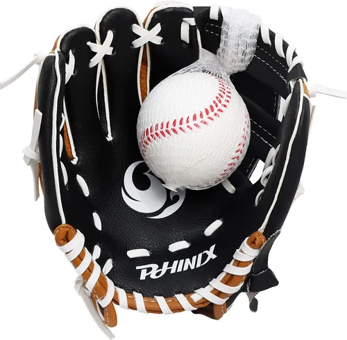 Miniatura 2 de PHINIX Guante de Tee Ball con Béisbol de Espuma (Lanzamiento de Mano Izquierda-Negro/Marrón/Blanco, 9 Pulgadas)