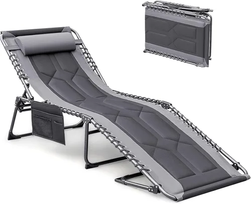 Miniatura 10 de Devoko Silla reclinable plegable portátil acolchada de 4 pliegues para exteriores de servicio pesado con almohada y bolsillo lateral para patio, Azul