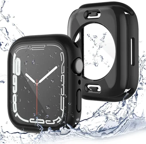 [Paquete de 2] Funda impermeable 2 en 1 compatible con Apple Watch Series 9, 8, 7, 1.772 pulgadas, protector de pantalla de vidrio templado,
