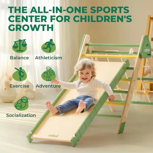 Miniatura 3 de ROBUD Juego de Triángulo Pikler 7 en 1, juguetes plegables de escalada de madera para niños pequeños, juego de escalada plegable Montessori con red