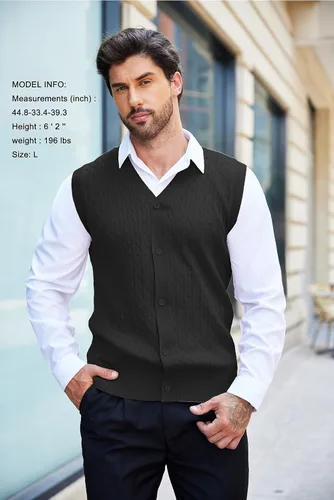 Miniatura 4 de COOFANDY Chaleco sin mangas para hombre con cuello en V, casual, tejido de cable con botones, cárdigan