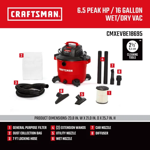 Miniatura 3 de CRAFTSMAN CMXEVBE18695 - Aspiradora Húmeda y Seca de 16 Galones 6.5 HP Pico, Aspiradora de Taller de Servicio Pesado Húmeda y Seca con Filtro