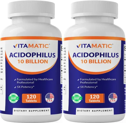 Vitamatic 2 paquetes de probióticos Acidophilus - 10 mil millones de UFC - 120 tabletas - 5 veces de potencia - Suplemento probiótico diario, apoya