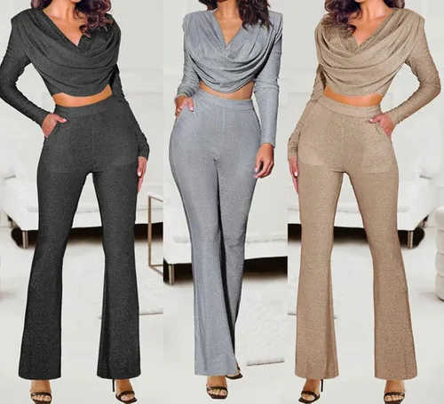 Miniatura 5 de Annystore Conjunto casual de 2 piezas para mujer, de manga larga, fruncido, brillante, bodycon y pantalones acampanados de cintura alta, conjunto