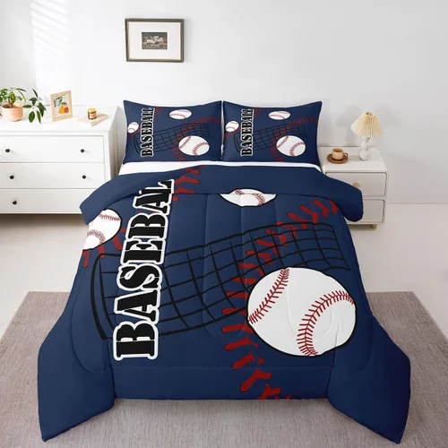 Miniatura 5 de jejeloiu Juego de edredón de béisbol para niños, tamaño individual, juego de ropa de cama de béisbol azul para niños, juego de ropa de cama