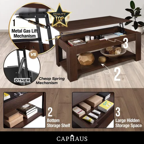 Miniatura 6 de CAPHAUS Mesa auxiliar elevable con almacenamiento y compartimento oculto, mesa elevadora para sala de estar, estante inferior abierto, 41 pulgadas