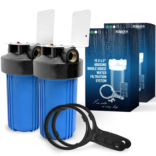 Miniatura 16 de Sistema purificador de filtro para toda la casa de 10 x 4.5 pulgadas de alta capacidad para agua de pozos o ciudades, botón de alivio de Azul