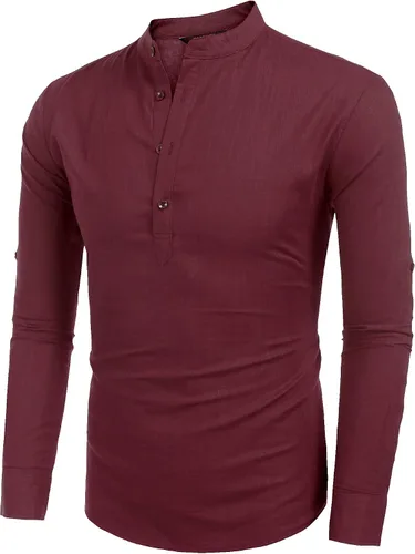 Miniatura 2 de COOFANDY - Camisas de lino y algodón con cuello Henley, de manga larga, estilo hippie informal, camisas de playa