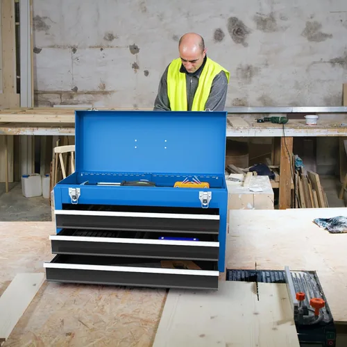 Miniatura 9 de Goplus - Caja de herramientas con 3 cajones, organizador de 4 niveles de 52 cm, caja de herramientas portátil con bandeja superior, cerradura Azul