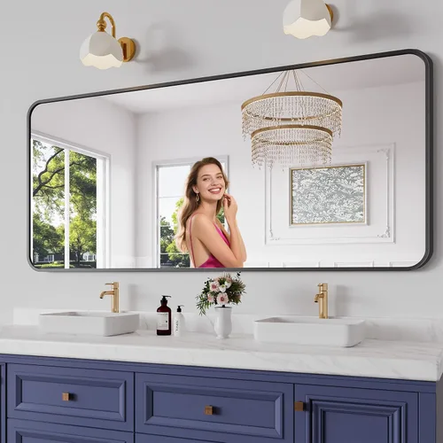 Miniatura 41 de Koonmi Espejo de baño, 30 x 30 pulgadas, espejo con marco de metal negro para baño, vidrio templado, antioxidante, espejo rectangular redondeado