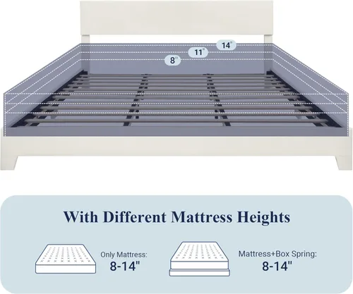 Miniatura 7 de Allewie Estructura de Cama Tamaño King con Cabecera Ajustable, Cama Plataforma de Cuero Sintético con Listones de Madera, Base de Colchón de Blanco