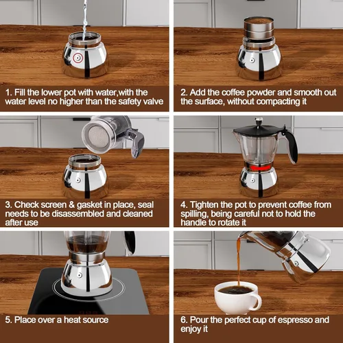 Miniatura 8 de Olla de plástico transparente de 6 tazas de acero inoxidable sin recubrimiento, cafetera italiana, cafetera moca greca, cafetera clásica