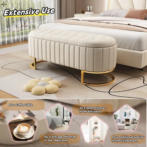 Miniatura 4 de Polibi Elegante otomana tapizada de terciopelo con botones, banco de almacenamiento con patas de metal para dormitorio, sala de estar, entrada, Beige