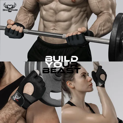 Miniatura 7 de BEAST RAGE Guantes sin dedos para levantamiento de pesas con acolchado de protección en la palma, guantes de gimnasio transpirables y ligeros