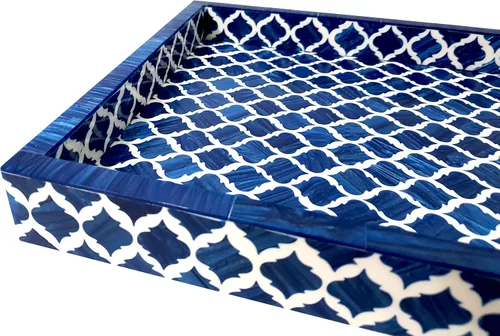 Miniatura 8 de Bandeja de servir hecha a mano con incrustaciones de hueso, bandeja de desayuno de damasco marroquí azul y blanco, bandeja rectangular de madera