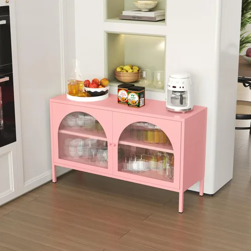 Miniatura 6 de Soporte de metal para TV, armario de almacenamiento con 2 puertas acrílicas, armario rosa con estante ajustable, gabinete lateral para el hogar