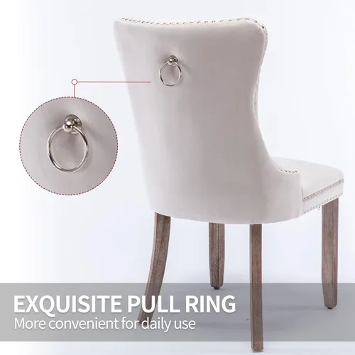 Miniatura 7 de Cómodo juego de 2 sillas de comedor de terciopelo copetudo, silla de comedor tapizada beige con patas de madera maciza, anillo trasero tirador
