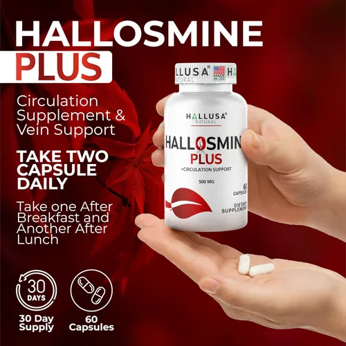 Miniatura 9 de Hallosmine Plus Diosmin 500 mg + crema gratis para venas, soporte para la circulación y venas – Piernas pesadas y venas varicosas – Castaño