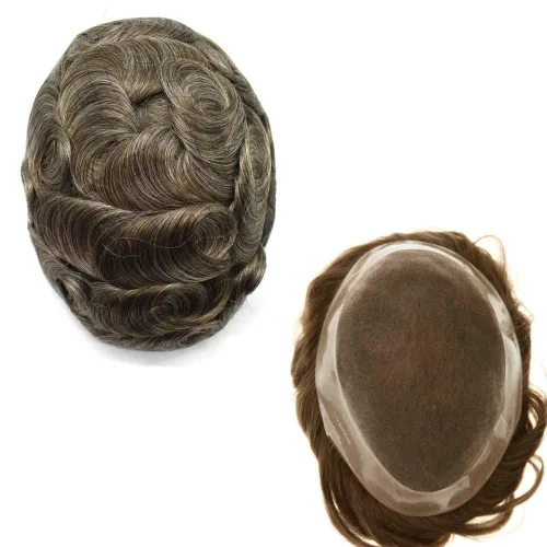 Miniatura 16 de Peluca de cabello humano monofilamento fino para hombre tipo tupé de polietileno alrededor del sistema de cabello, peluca duradera de monofilamento