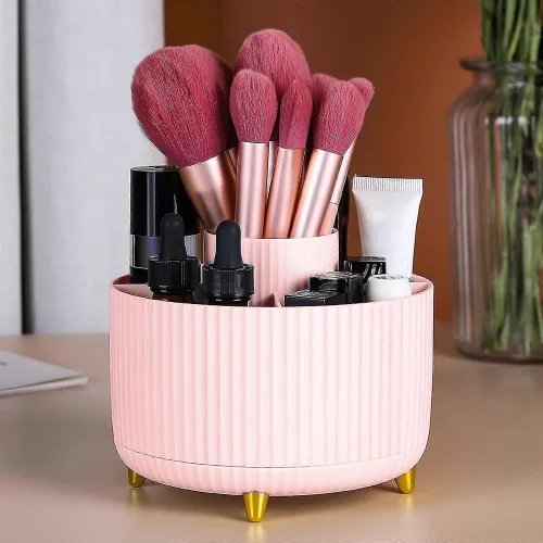 Miniatura 8 de WILL OAK Organizador de brochas de maquillaje, organizador de brochas de maquillaje giratorio de 360°, 5 ranuras para cosméticos, esmalte de uñas