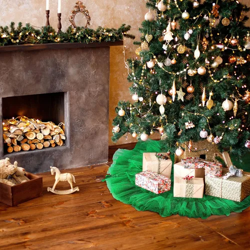 Miniatura 3 de Tatuo Falda de árbol de Navidad con volantes de 4 capas de tul redonda esponjosa y brillante, adorno para decoración de Navidad y vacaciones