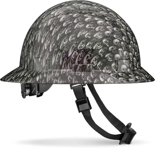 Miniatura 7 de Casco duro OSHA de ala completa, sin ventilación, diseño de calavera y tatuaje, acabado brillante, con suspensión de 6 puntos
