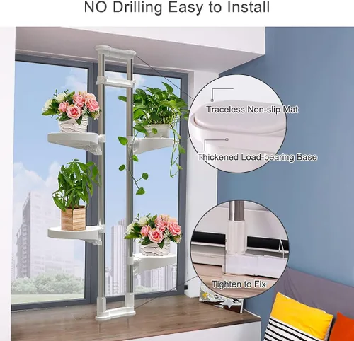 Miniatura 3 de BAOYOUNI Soporte para plantas de interior con ventana, estante de almacenamiento de metal con doble poste, soporte para macetas, estante