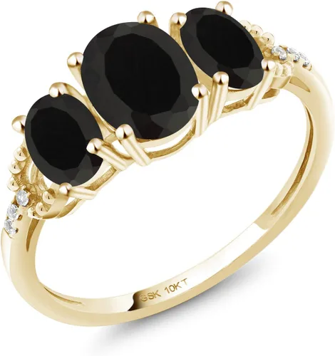 Gem Stone King Anillo de compromiso ovalado de oro amarillo de 10 quilates con ónix negro y diamantes para mujer (1.52 quilates, piedra natal de