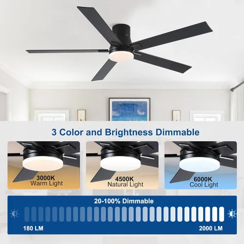Miniatura 6 de Ventiladores de techo de 60 pulgadas con luces y control remoto, ventilador de techo negro de montaje empotrado con 5 cuchillas, motor CC reversible