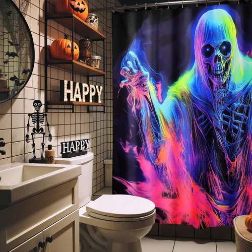 Miniatura 6 de Cortina de ducha de Halloween: juego de cortina de ducha de Halloween con ganchos, decoración de baño aterradora para ventana del hogar, decoración