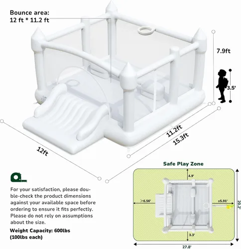 Miniatura 6 de Hapfan Casa inflable blanca para niños grandes, castillo animoso grande de 15 x 12 pies con soplador, tobogán más ancho y aro de baloncesto