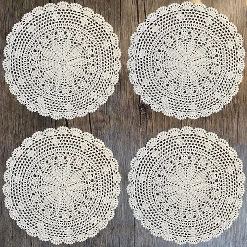 Miniatura 7 de PHANTOMON Manteles individuales redondos de punto de encaje de algodón hechos a mano, diseño de estrellas, borde ondulado, paquete de 4