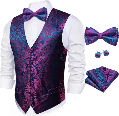 Miniatura 36 de Barry.Wang Conjunto de chaleco de pajarita para hombre, chaleco con cuello en V de seda jacquard de cachemira, gemelos de pañuelo formal/ocio, boda