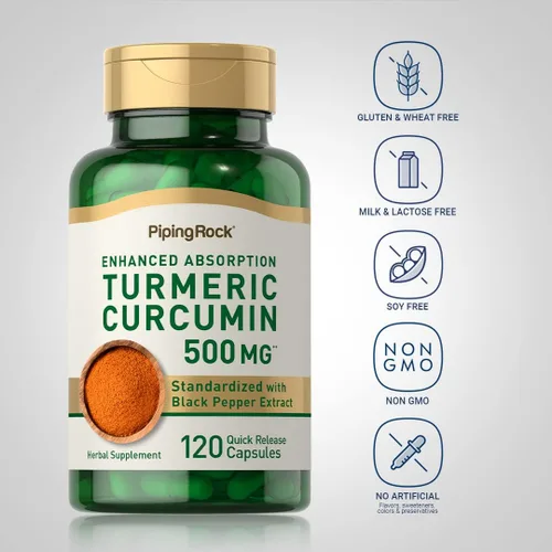 Miniatura 3 de Piping Rock Curcumina de cúrcuma con pimienta negra 120 cápsulas Suplemento herbario estandarizado Sin OMG, sin gluten